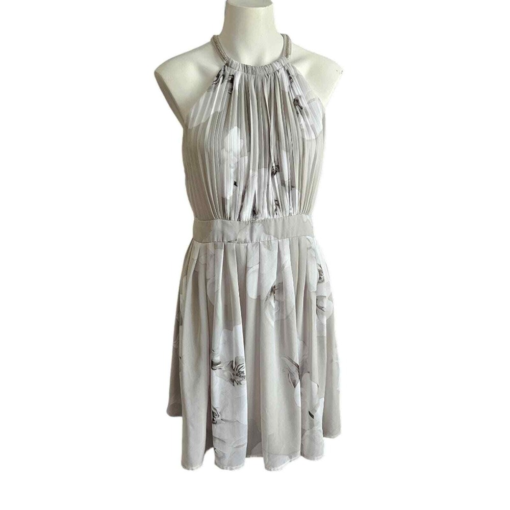 Calvin Klein Gray Multi Floral Pleated Chain Halter Sz 6 Fairy Whimsy